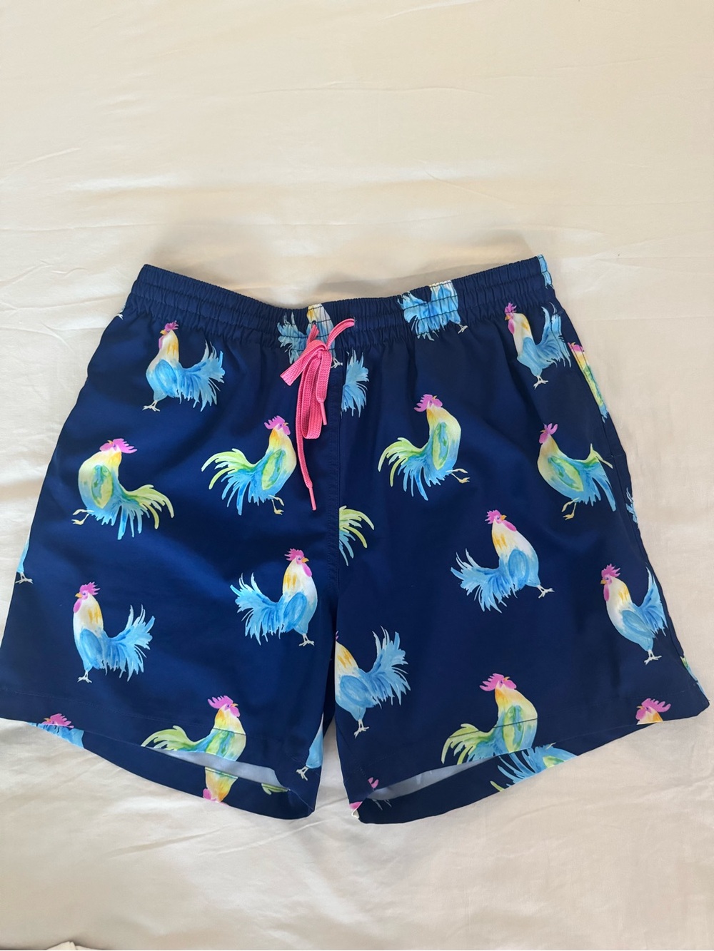 chubbies Navy Rooster Print Swim Shorts with Pink Drawstring